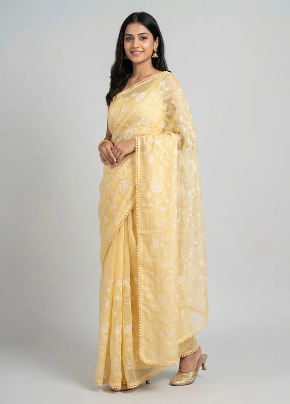 Yellow Organza Saree With Blouse Piece One Size