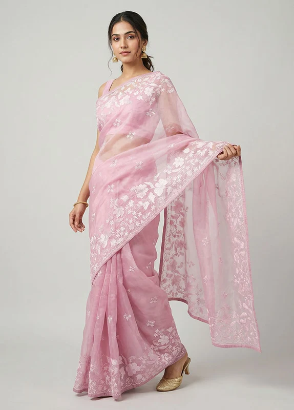 Purple Organza Saree With Blouse Piece One Size
