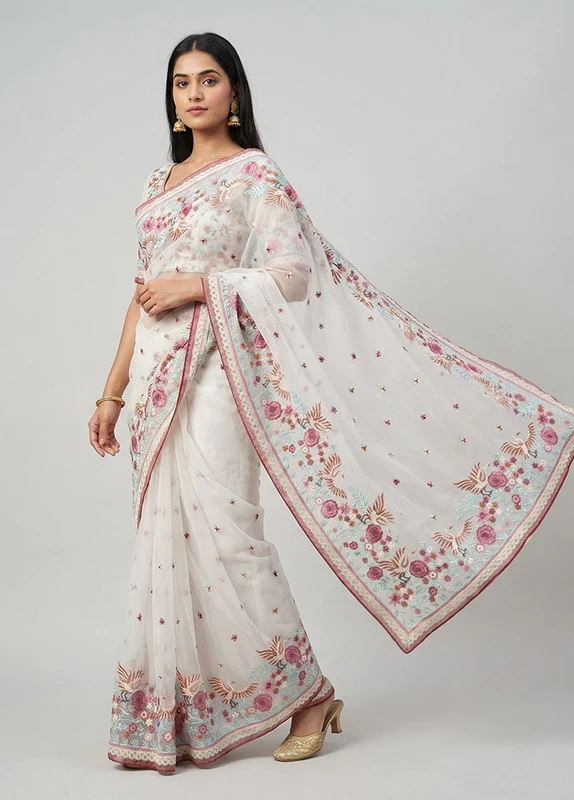 White Organza Saree With Blouse Piece One Size