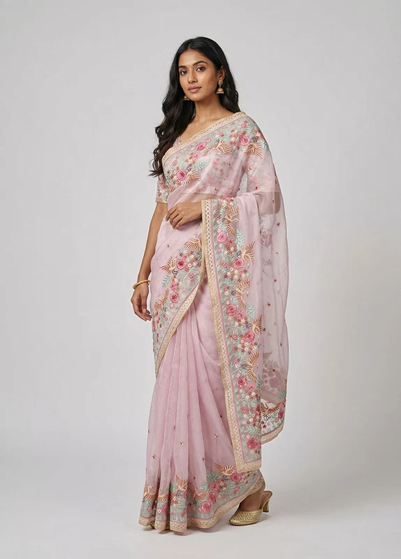 Purple Organza Saree With Blouse Piece One Size