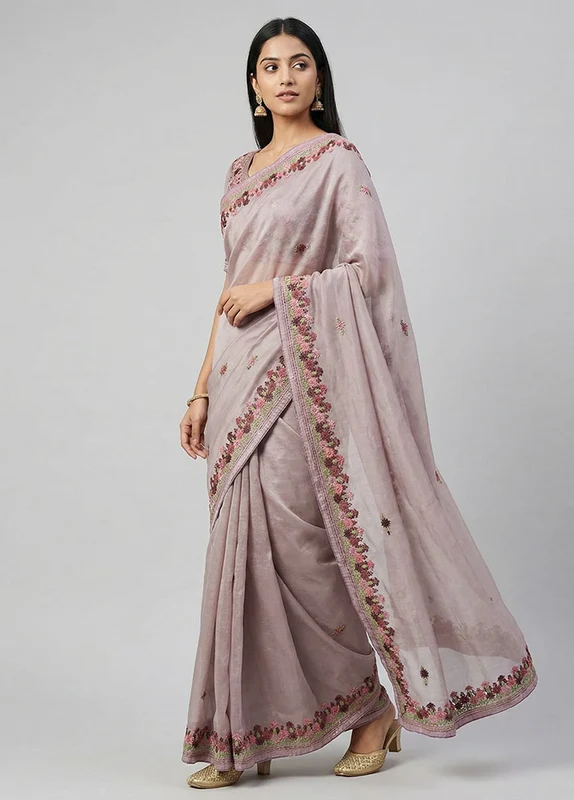 Purple Organza Saree With Blouse Piece One Size