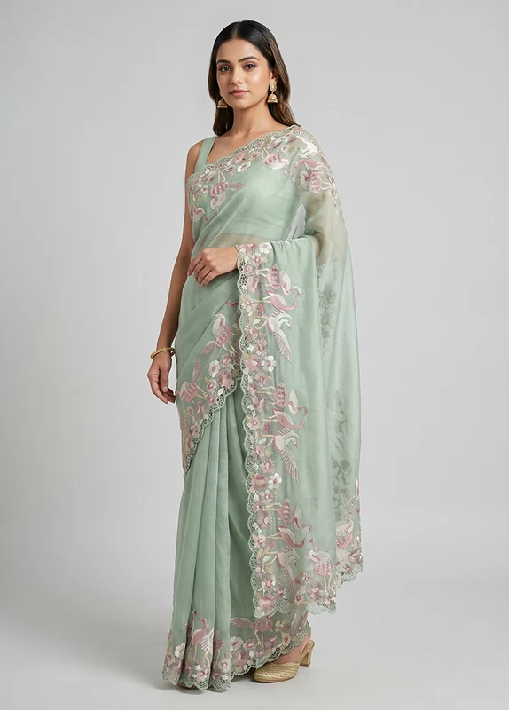 Green Tissue Silk Saree With Blouse Piece One Size