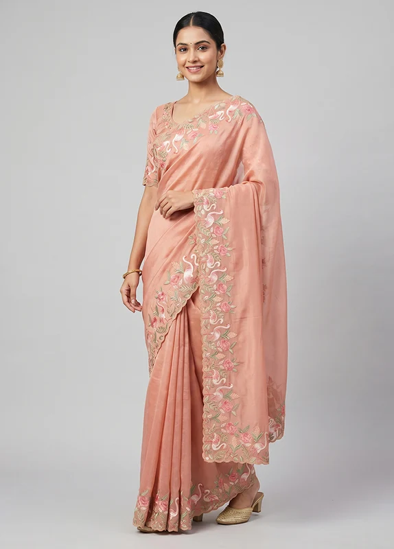 Pink Organza Saree With Blouse Piece One Size