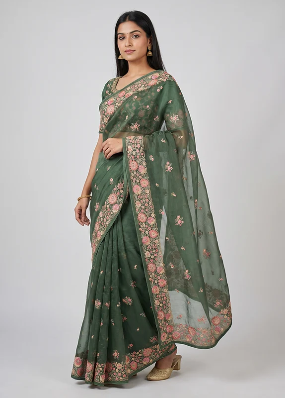 Green Organza Saree With Blouse Piece One Size