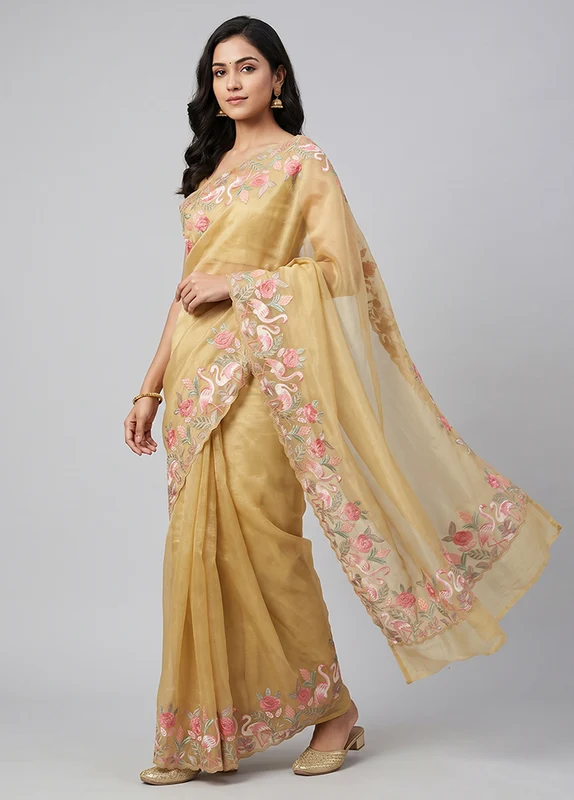 Yellow Organza Saree With Blouse Piece One Size