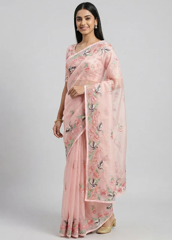 Pink Organza Saree With Blouse Piece One Size