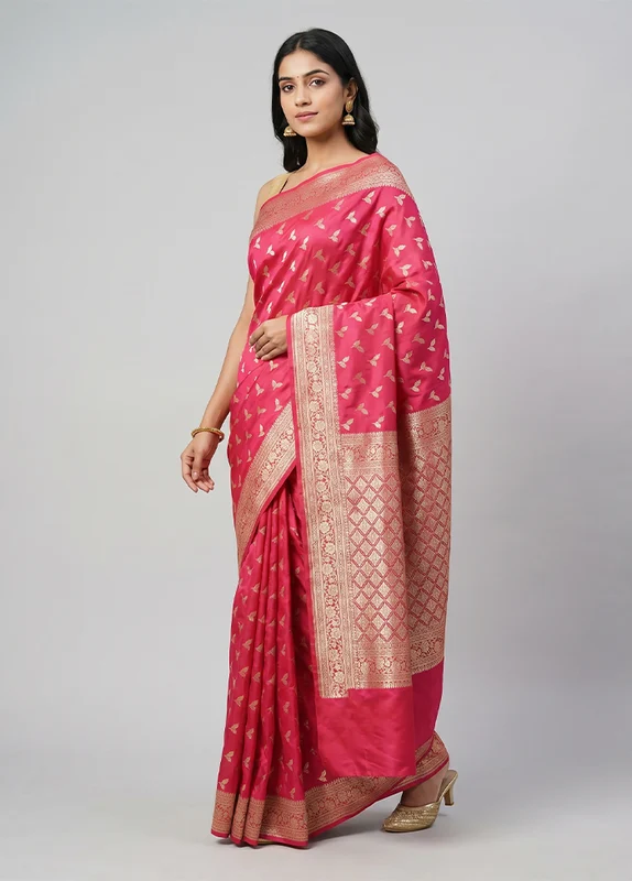 Pink Uppada Silk Saree With Blouse Piece One Size