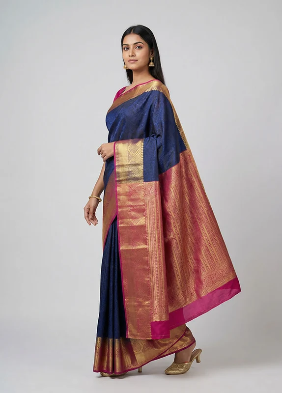 Blue Kanjivaram Silk Saree With Blouse Piece One Size