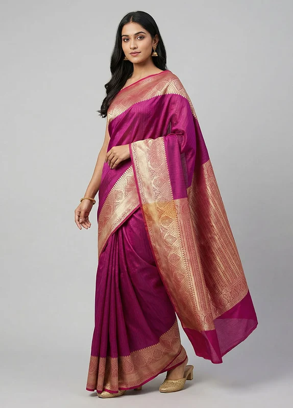 Purple Kanjivaram Silk Saree With Blouse Piece One Size