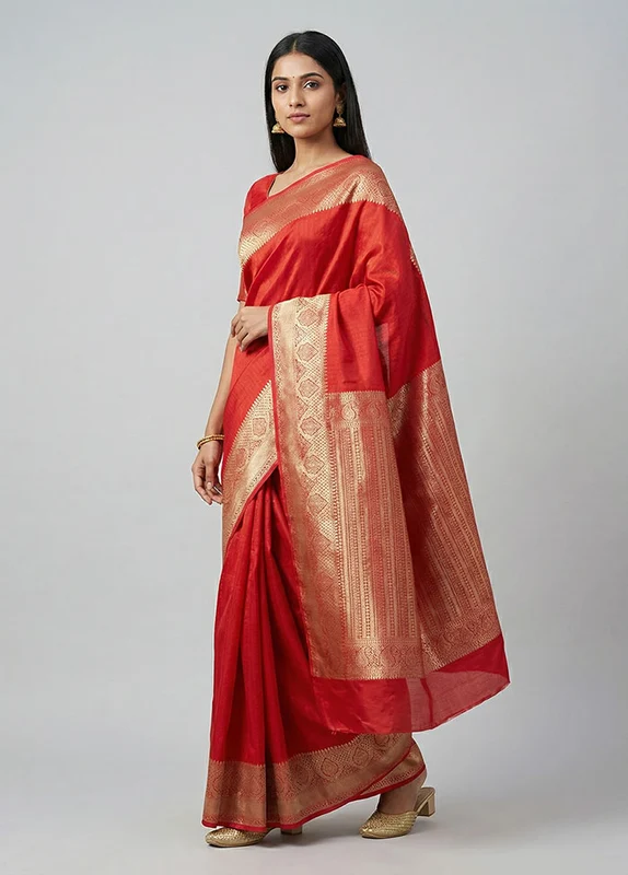 Red Kanjivaram Silk Saree With Blouse Piece One Size