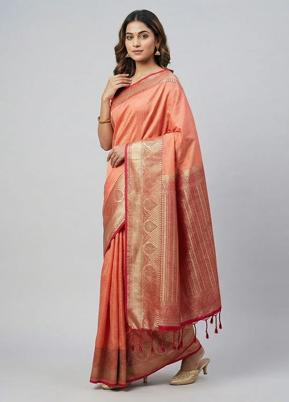 Peach Kanjivaram Silk Saree With Blouse Piece One Size