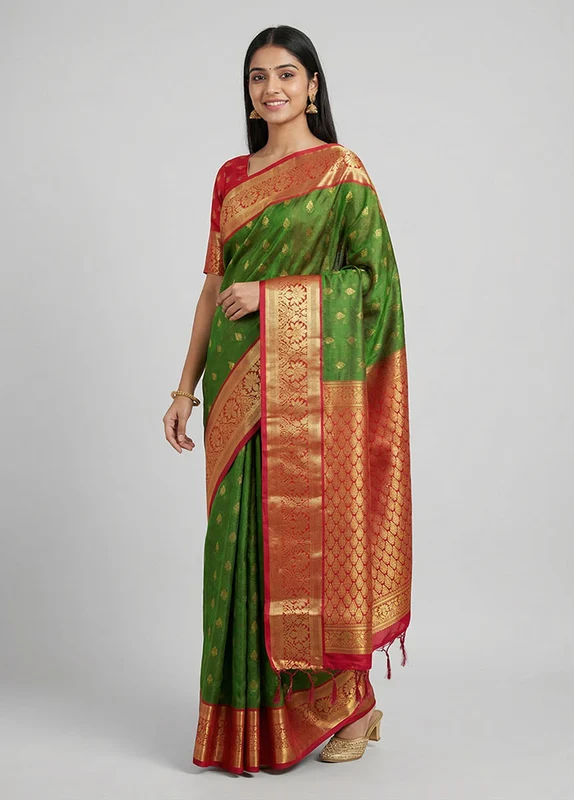 Green Kanjivaram Silk Saree With Blouse Piece One Size