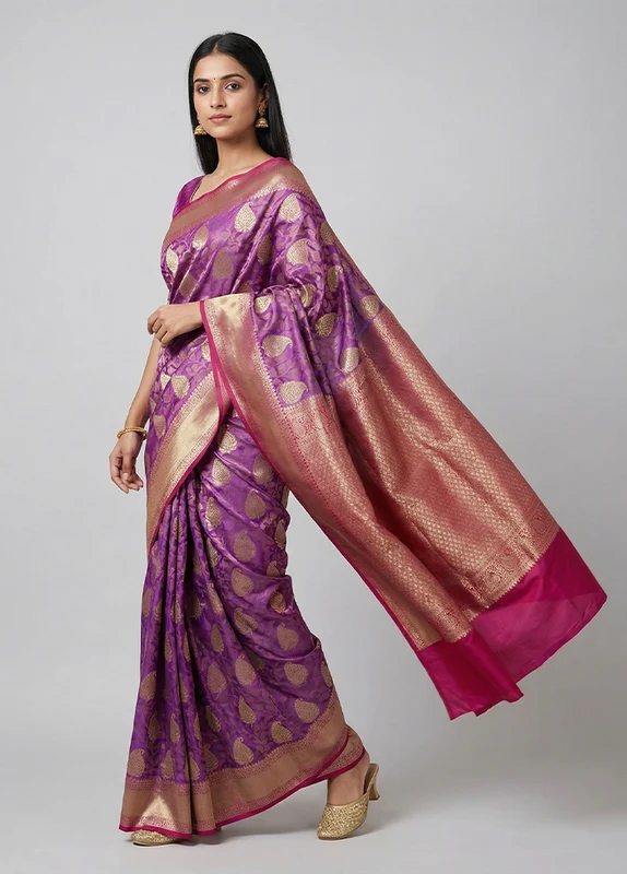 Purple Kanjivaram Silk Saree With Blouse Piece One Size