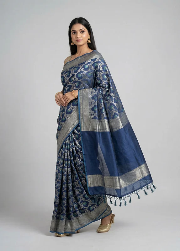 Blue Kora Silk Saree With Blouse Piece One Size