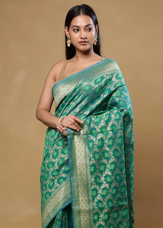 Green Kora Silk Saree With Blouse Piece Onesize