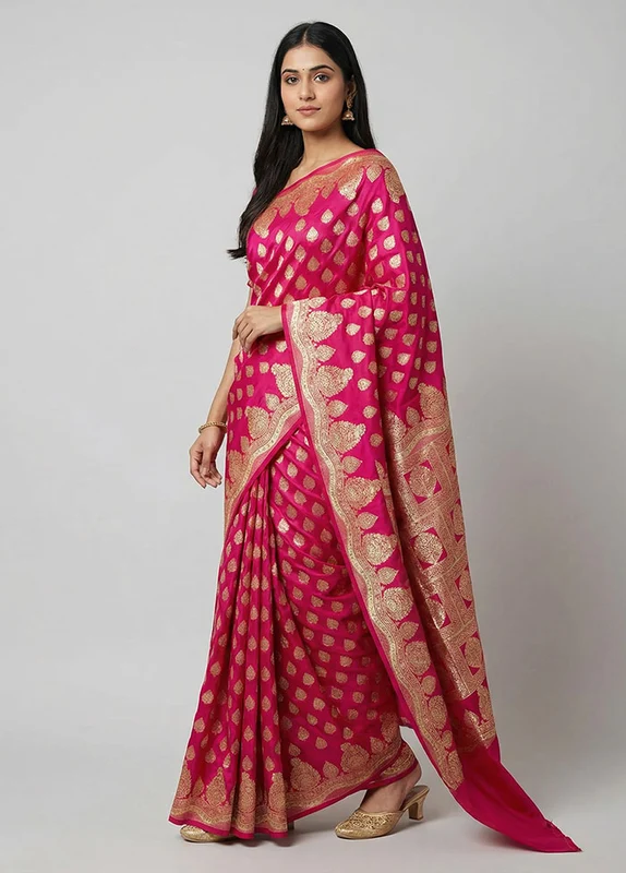 Pink Banarasi Silk Saree With Blouse Piece One Size