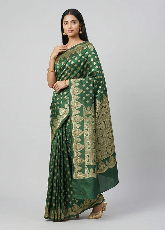 Green Banarasi Silk Saree With Blouse Piece One Size