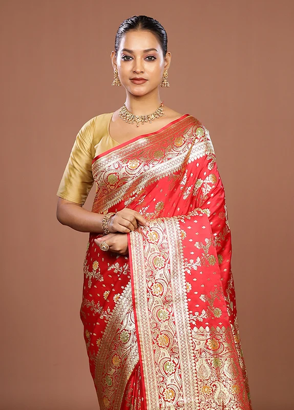 Red Banarasi Silk Saree With Blouse Piece One Size