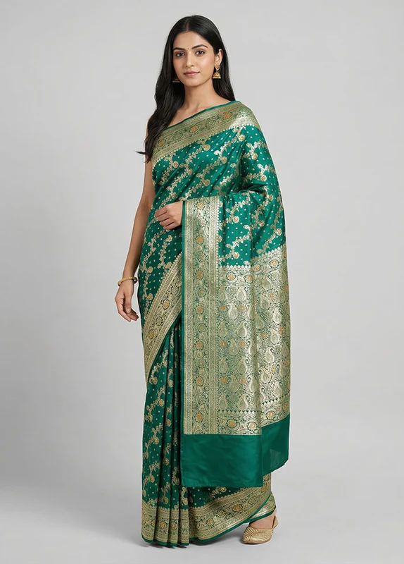 Green Banarasi Silk Saree With Blouse Piece One Size