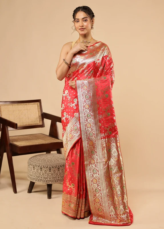 Pink Banarasi Silk Saree With Blouse Piece One Size