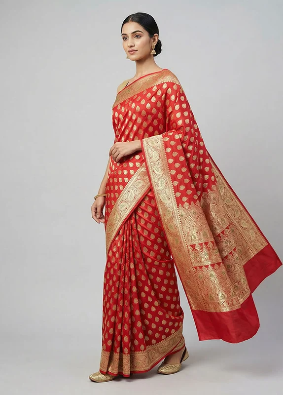 Red Banarasi Silk Saree With Blouse Piece One Size