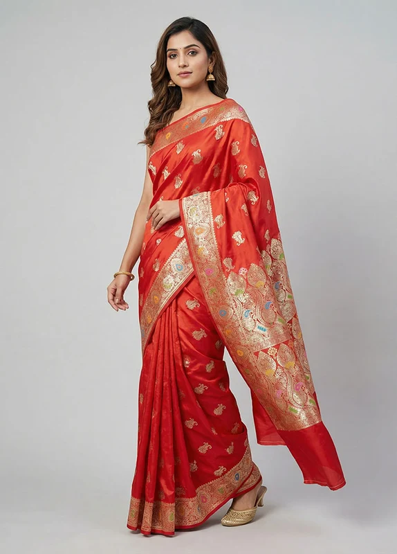 Red Banarasi Silk Saree With Blouse Piece One Size