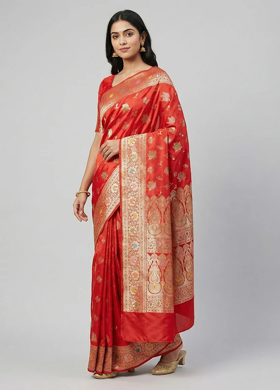 Red Banarasi Silk Saree With Blouse Piece One Size