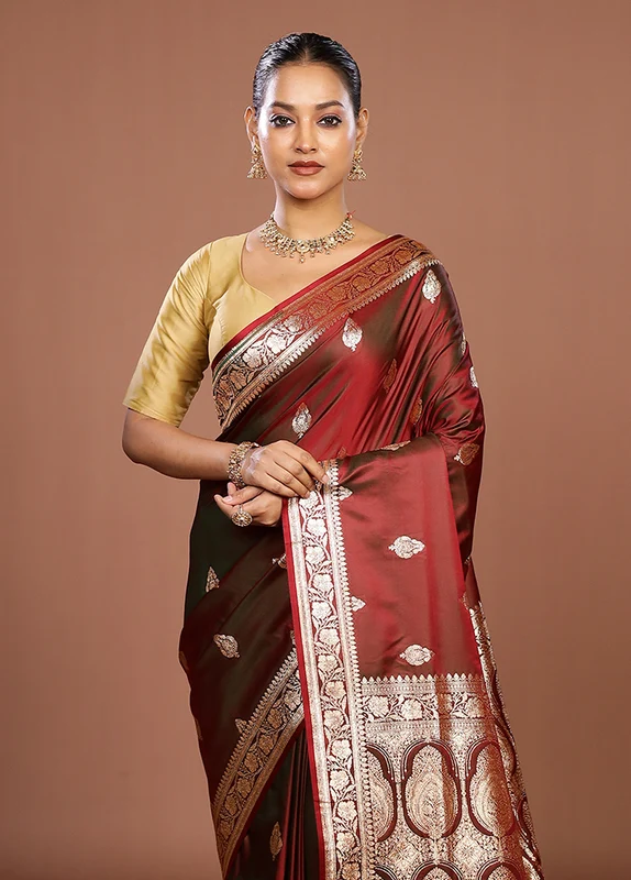 Maroon Banarasi Silk Saree With Blouse Piece One Size
