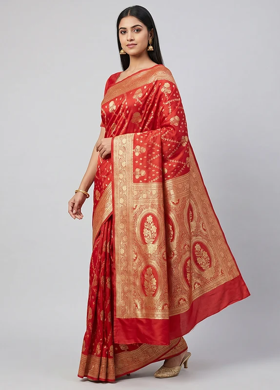 Red Banarasi Silk Saree With Blouse Piece One Size