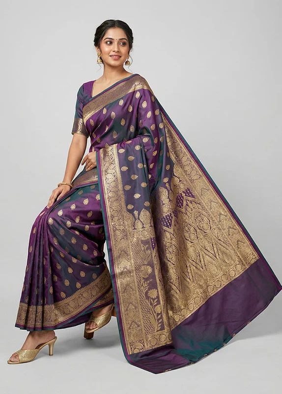 Purple Banarasi Silk Saree With Blouse Piece One Size