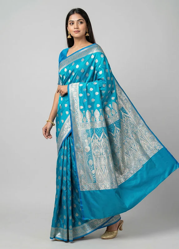Blue Banarasi Silk Saree With Blouse Piece One Size