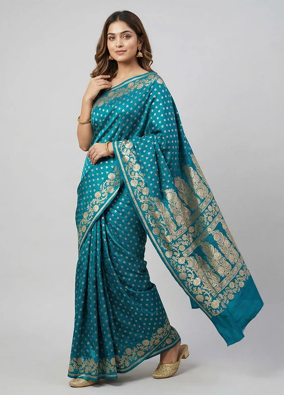 Blue Handloom Banarasi Pure Silk Saree With Blouse Piece One Size