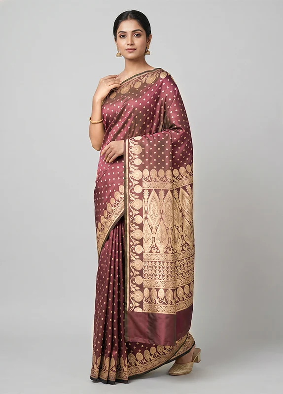Purple Handloom Banarasi Pure Silk Saree With Blouse Piece One Size