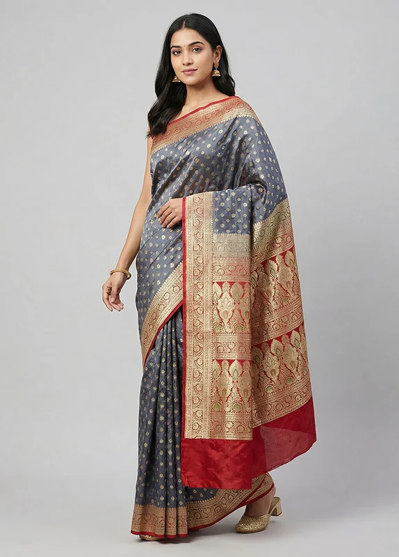 Grey Handloom Banarasi Pure Silk Saree With Blouse Piece One Size
