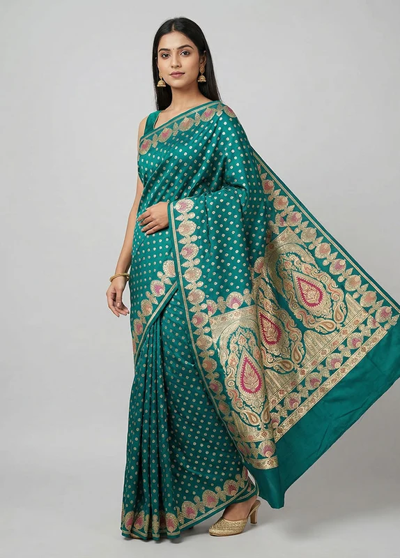 Green Handloom Banarasi Pure Silk Saree With Blouse Piece One Size