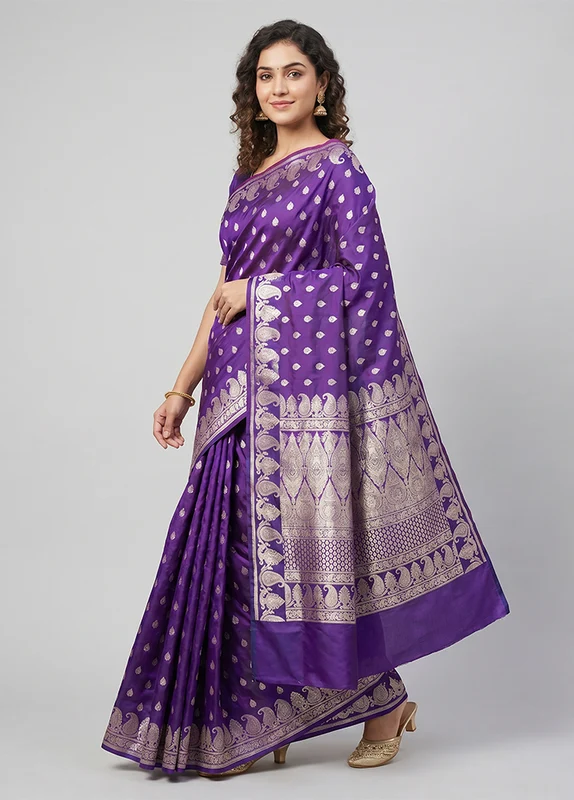 Purple Handloom Banarasi Pure Silk Saree With Blouse Piece One Size