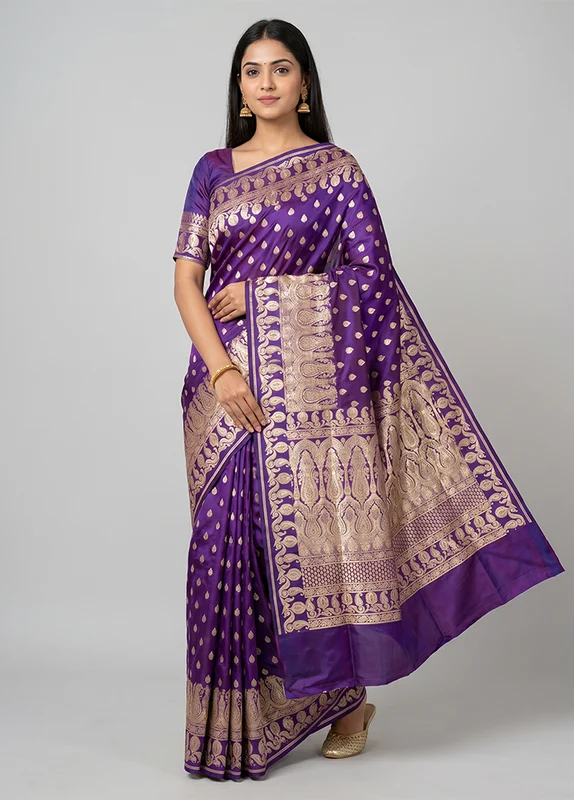 Purple Handloom Banarasi Pure Silk Saree With Blouse Piece One Size