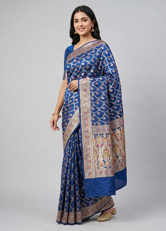 Blue Handloom Banarasi Pure Silk Saree With Blouse Piece One Size