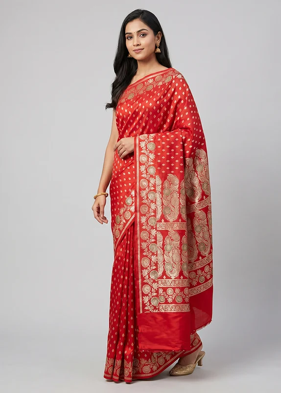 Red Handloom Banarasi Pure Silk Saree With Blouse Piece One Size