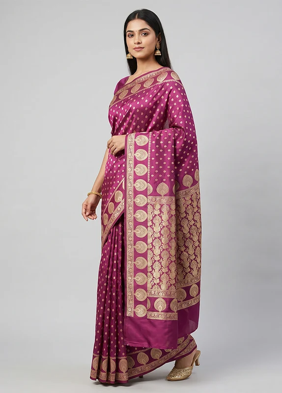 Purple Handloom Banarasi Pure Silk Saree With Blouse Piece One Size