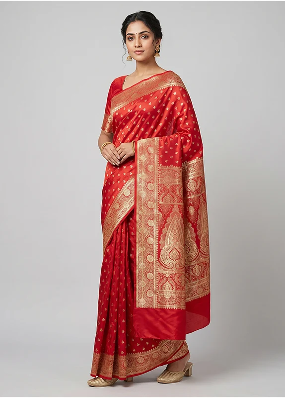 Red Banarasi Silk Saree With Blouse Piece One Size