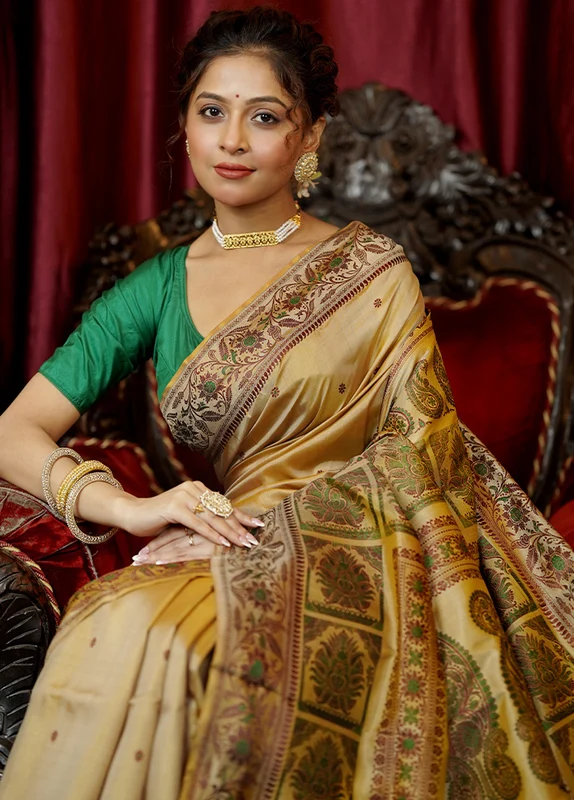 Cream Handloom Baluchari Pure Silk Saree With Blouse Piece Onesize