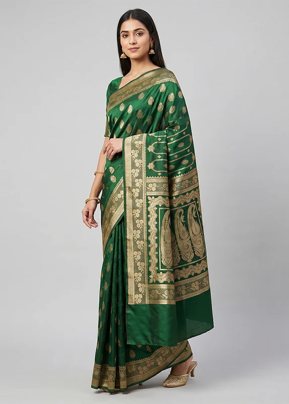 Green Banarasi Silk Saree With Blouse Piece One Size