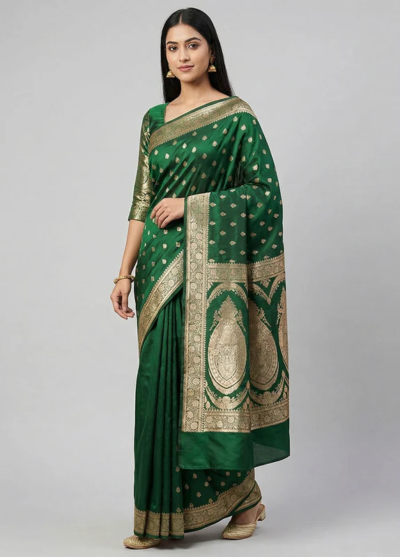 Green Banarasi Silk Saree With Blouse Piece One Size