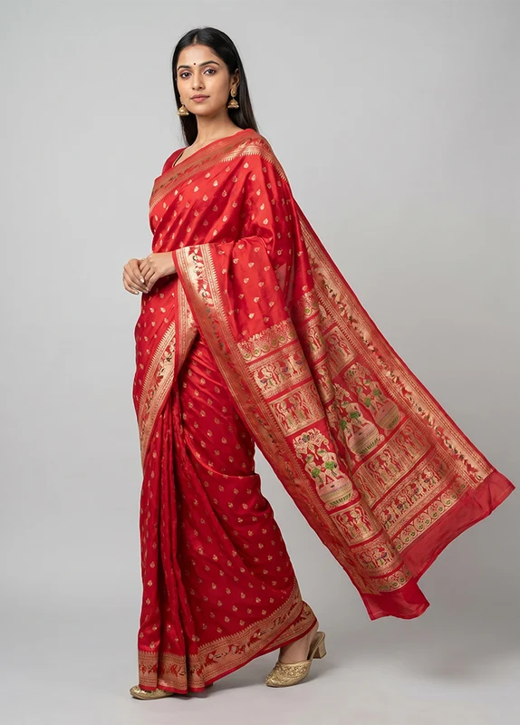 Red Handloom Baluchari Pure Silk Saree With Blouse Piece One Size