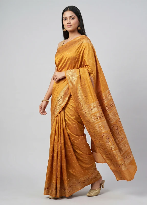 Yellow Handloom Baluchari Pure Silk Saree With Blouse Piece One Size