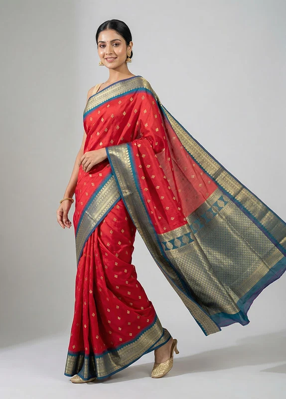 Red Kanjivaram Silk Saree With Blouse Piece One Size