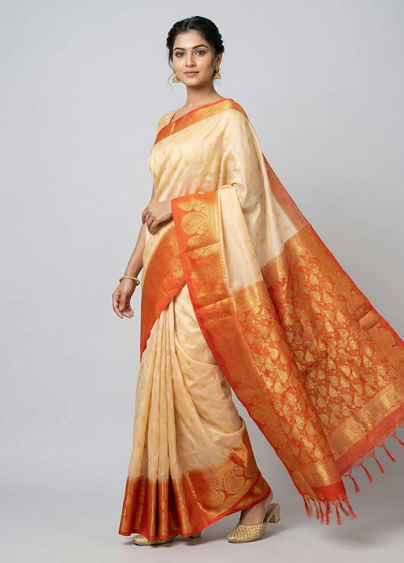 Cream Kanjivaram Silk Saree With Blouse Piece One Size