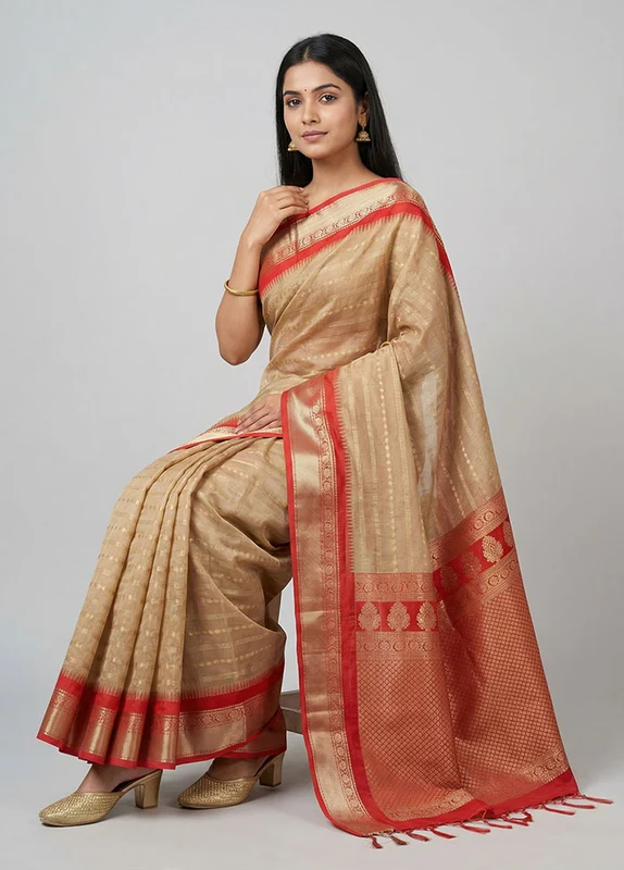 Red Kanjivaram Silk Saree With Blouse Piece One Size