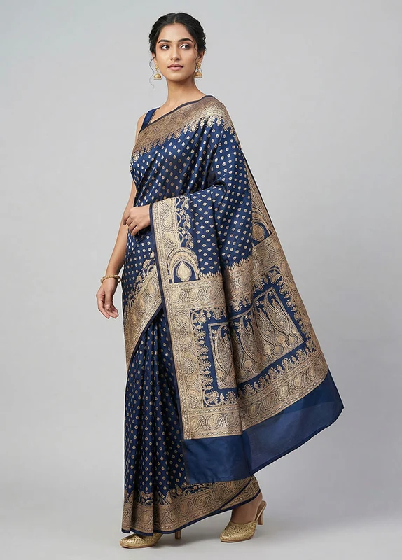 Blue Banarasi Silk Saree With Blouse Piece One Size